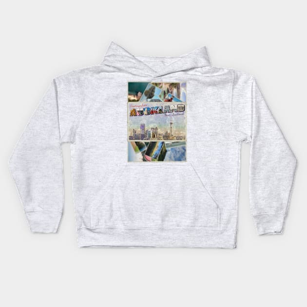 Greetings from Auckland in New Zealand Vintage style retro souvenir Kids Hoodie by DesignerPropo